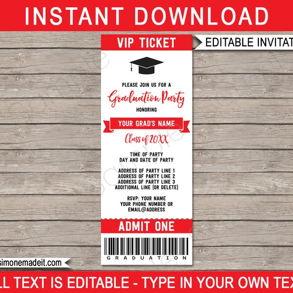 Graduation Ticket Invitation - Graduation Party - Grad Invite - Red & White - for any Year - INSTANT DOWNLOAD with EDITABLE text - you edit