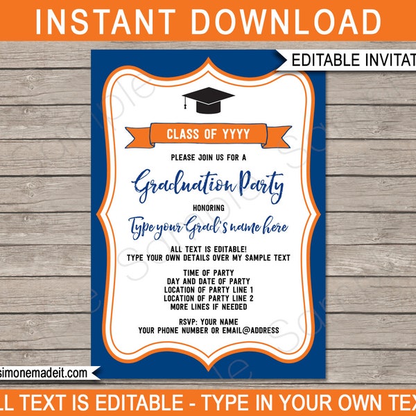 Graduation Party Invitations - navy blue & orange - Any Year - Printable Grad Invite - INSTANT DOWNLOAD with EDITABLE text - you edit