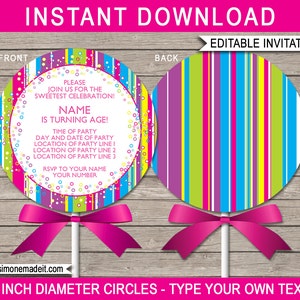 Lollipop Einladung Vorlage - DIY druckbare Candyland Thema Geburtstagsfeier einladen - INSTANT DOWNLOAD mit bearbeitbarem Text