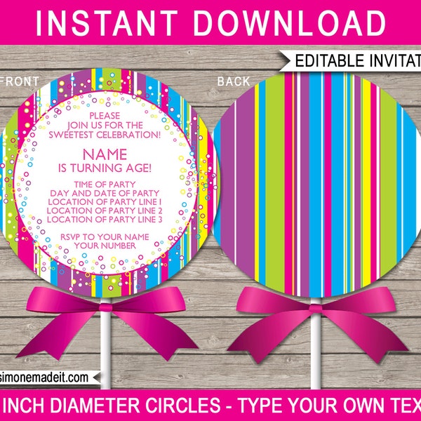 Lollipop Invitation Template - DIY Printable Candyland Theme Birthday Party Invite - INSTANT DOWNLOAD with Editable Text