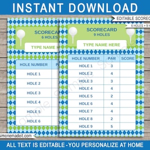 Golf Party Scorecard für 9 und 6 Löcher - SOFORTIGER DOWNLOAD Druckbare EDITIERBARE Datei - Sie personalisieren zu Hause mit Adobe Reader