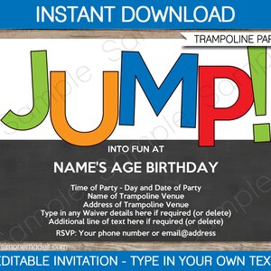 Trampolin Geburtstagsparty Einladung druckbare Vorlage - Sprung Trampolin Park einladen - SOFORTIGER DOWNLOAD - EDITIERBARER Text - Sie personalisieren