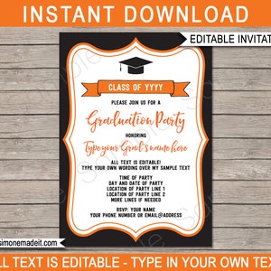 Graduation Party Invitations - black & orange - Printable Template - Any Year - Grad Invite - INSTANT DOWNLOAD with EDITABLE text