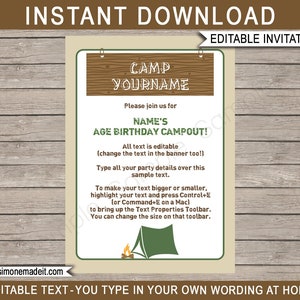 Camping Invitation Template - Printable Campout Theme Birthday Party Invite - EDITABLE TEXT DOWNLOAD - you personalize at home