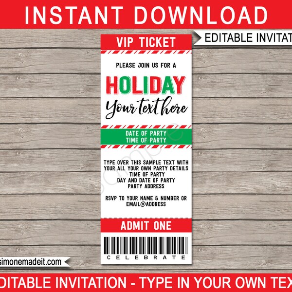 Holiday Party Ticket Invitation Template - Printable Invite - Open House, Cocktail, Happy Hour, Potluck - INSTANT DOWNLOAD - EDITABLE text