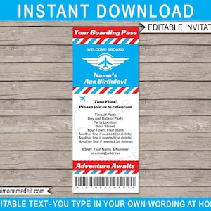 Airplane Ticket Invitation Template - Plane Birthday Party Boarding Pass Invite - INSTANT DOWNLOAD with EDITABLE text - you personalize