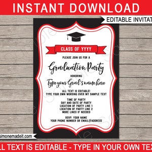 Graduation Party Invitations - Printable Template - black & red - For Any Year - Grad Party Invite - INSTANT DOWNLOAD - EDITABLE text