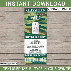 May include: Editable military-themed birthday party invitation with a camouflage background. The invitation features a dog tag with the text "CLASSIFIED" and "REPORT FOR DUTY". The text "NAME'S AGE BIRTHDAY!" is also included. The invitation is customizable with your own text.