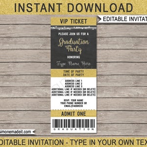 Graduation Ticket Invitation Template Grad Ticket Invite for AnyYear Gold Glitter & Chalkboard INSTANT DOWNLOAD with EDITABLE text image 1