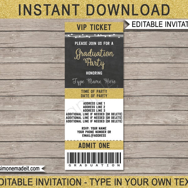 Graduation Ticket Invitation Template - Grad Ticket Invite - for AnyYear - Gold Glitter & Chalkboard - INSTANT DOWNLOAD with EDITABLE text