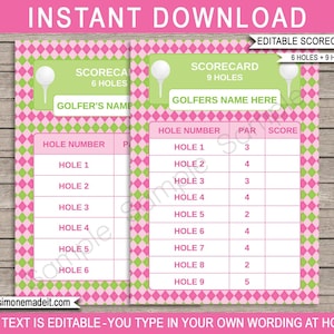 Pink Golf Scorecard voor 9 & 6 holes - INSTANT DOWNLOAD Printbaar BEWERKBAAR bestand - u personaliseert thuis met Adobe Reader