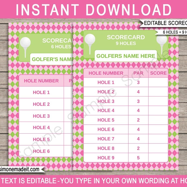 Pink Golf Scorecard for 9 & 6 holes  - INSTANT DOWNLOAD Printable EDITABLE file - you personalize at home using Adobe Reader