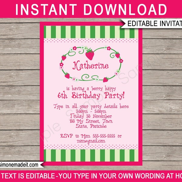 Strawberry Shortcake Invitation Template - Printable Birthday Party Invite  - INSTANT DOWNLOAD with EDITABLE text