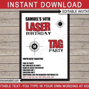 May include: Editable laser tag birthday party invitation with a red and black target graphic. The text reads "Samuel's 14th Laser Birthday Tag Party".