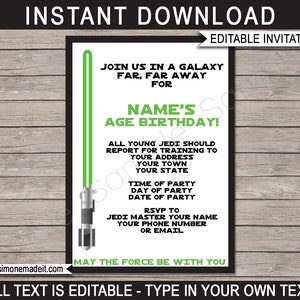 Star Wars Invite Template - Star Wars Birthday Party Invitation - Green - INSTANT DOWNLOAD with EDITABLE text - you personalize