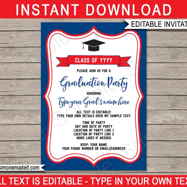 Graduation Party Invitations - red & navy blue - Printable Template - Any Year - Grad Party Invite - INSTANT DOWNLOAD with EDITABLE text