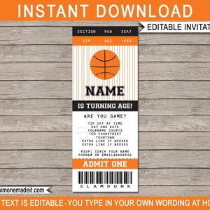 May include: Editable basketball-themed birthday party invitation with an orange basketball on a striped background. The text reads "Name is turning age!" and "Are you game?" with space for personalization.