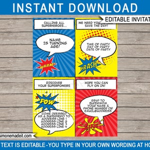 Superhero Invitation Template - Printable Birthday Party Invite - Comic Strip Book - Personalized Super Hero Theme - EDITABLE TEXT DOWNLOAD