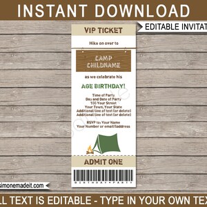 Camping Party Ticket Einladungsvorlage - Druckbare Campout Geburtstagsparty-Einladungskarte - EDITIERBARER TEXT-DOWNLOAD - Sie personalisieren zu Hause