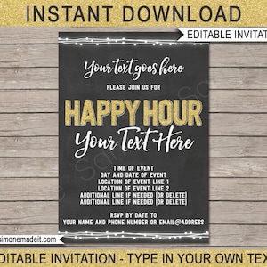 Szablon zaproszenia na Happy Hour - Wydrukowana ulotka z zaproszeniem na drinki - Tablica i złoty brokat - EDYTOWALNY TEKST DO POBRANIA - personalizujesz
