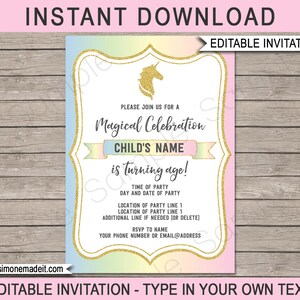 Unicorn Invitation - Unicorn Birthday Party Invite - Printable Template - INSTANT DOWNLOAD with EDITABLE text - personalize at home