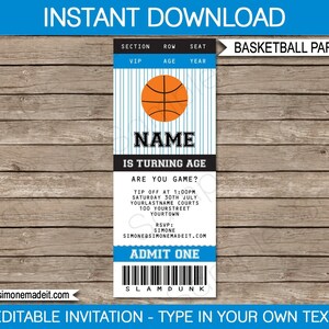 Basketball Ticket Invitation Template - Printable Birthday Party Invite - Blue & Black - INSTANT DOWNLOAD - EDITABLE text - you personalize