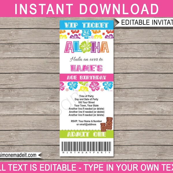 Luau Party Ticket Invitation Template - Luau Birthday Party Invite - INSTANT DOWNLOAD with EDITABLE text - you personalize at home