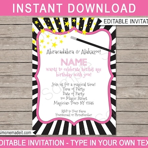 Pink Magic Invitation Template - Printable Magic Birthday Party Invite - Magician - INSTANT DOWNLOAD with EDITABLE text - you personalize