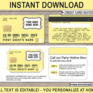 Modèle d'invitation de carte de crédit - invitation à une fête d'anniversaire imprimable - thème commercial chasse au trésor dans un centre commercial - jaune - TÉLÉCHARGEMENT MODIFIABLE