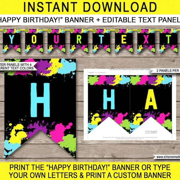 Neon Glow Party Banner - Happy Birthday Banner - Custom Banner - Neon Glow Party Decorations - Bunting - INSTANT DOWNLOAD with EDITABLE text