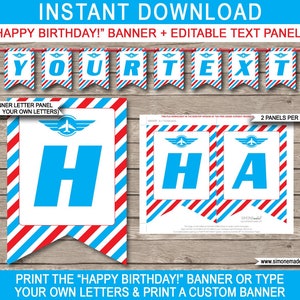 Airplane Birthday Banner Printable Template - Happy Birthday - Custom - Party Decorations - Bunting - INSTANT DOWNLOAD with EDITABLE text