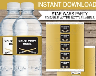 Etiquetas doradas de Star Wars para botellas de agua: Plantilla de texto editable (descarga instantánea)