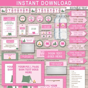 Girls Camping Theme Template Bundle + Einladungen - Printable Campout Geburtstagsparty Dekoration Paket Pack Set Kit Sammlung