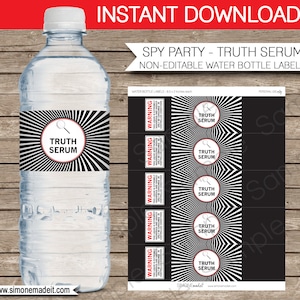 Etichette o involucri per bottiglie d&#39;acqua Truth Serum - Festa di compleanno di spie - Festa dell&#39;agente segreto - DOWNLOAD immediato modello stampabile