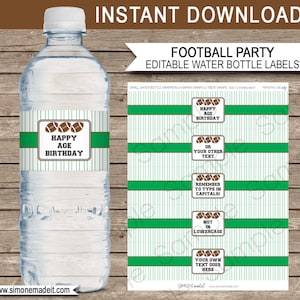 Football Party Water Bottle Labels or Wrappers Brown Green INSTANT DOWNLOAD & EDITABLE template type your own text in Adobe Reader image 1
