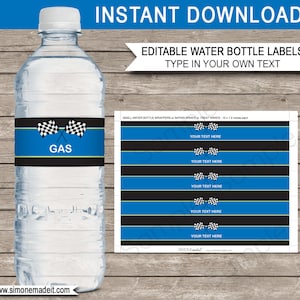 Blue Race Car Water Bottle Labels: Editable Party Decor (Digital Download)