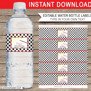 May include: Printable water bottle labels with a black and white polka dot pattern and the text "Magic Potion". The labels are 8.5 x 2 inches and are editable, so you can type in your own text.