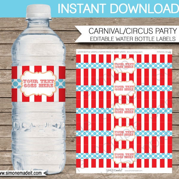 Circus Water Bottle Labels Wrappers Template - Red Aqua - Carnival or Circus Party Theme - INSTANT DOWNLOAD text EDITABLE - you personalize