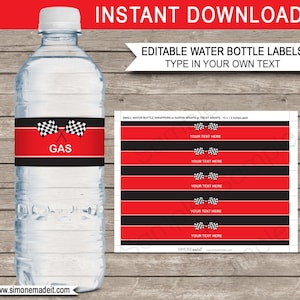 Race Car Water Bottle Labels Template - Printable Birthday Party Decorations - INSTANT DOWNLOAD - EDITABLE text
