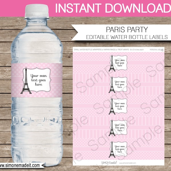 Paris Water Bottle Labels Template - Printable Birthday Party Decorations - Paris Theme Wrappers - EDITABLE TEXT DOWNLOAD - you personalize