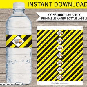 Construction Truck Water Bottle Labels Template - Prinatble Birthday Party Decorations -  Dump Truck Theme Wrappers - INSTANT DOWNLOAD