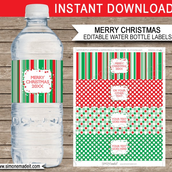 Christmas Water Bottle Labels Template - Printable Xmas Party Decorations - Wrappers - Change the Year - INSTANT DOWNLOAD with EDITABLE text
