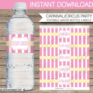 Carnival Party Water Bottle Labels Template - Circus Theme Party Wrappers - Pink Yellow - INSTANT DOWNLOAD - EDITABLE text - you personalize