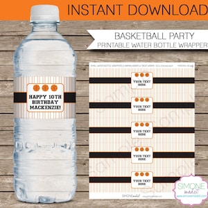 Basketball Party Water Bottle Labels or Wrappers Orange Black INSTANT DOWNLOAD & EDITABLE template type your own text in Adobe Reader image 1
