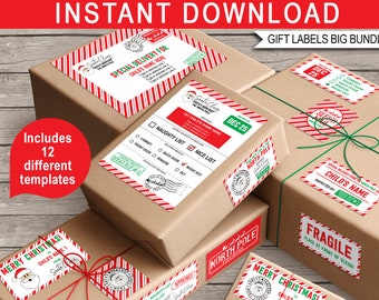 Santa Labels Gift Tags North Pole Stickers Printable Template - Mail from Santa Address Shipping Labels - BIG BUNDLE - Instant Download