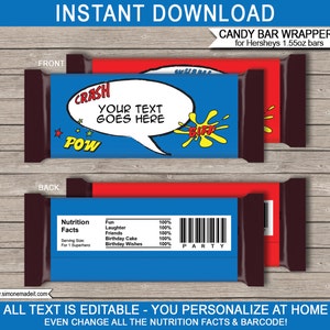 May include: Printable candy bar wrappers with a superhero theme. The front of the wrapper features a red and blue comic book style design with the text "CRASH" and "POW". The back of the wrapper has a blue background with a nutrition facts label and a barcode.