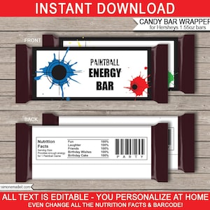 May include: Printable candy bar wrappers for 1.55 ounce Hershey's chocolate bars. The front of the wrapper features a blue, red, and green paint splatter design with a target in the center. The text "Paintball Energy Bar" is printed in black. The back of the wrapper has a nutrition facts label with a barcode and the word "Party". All text is editable.