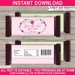 Strawberry Shortcake Candy Bar Wrappers: Editable Birthday Party Favors (INSTANT DOWNLOAD)