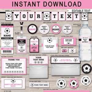Mädchen Fußball Party Vorlagen mit Einladung - Druckbare rosa Geburtstag Dekoration Bundle Paket Set Kit Sammlung - DIY EDITIERBARER TEXT