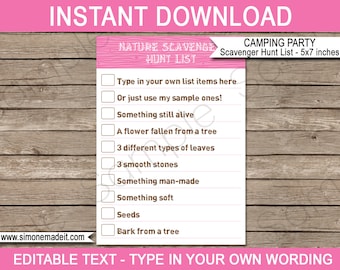 May include: Printable camping scavenger hunt list with a pink and brown woodgrain background. The list includes items to find in nature, such as a flower, leaves, and bark. The text "Camping Party Scavenger Hunt List - 5x7 inches" is at the top of the list.